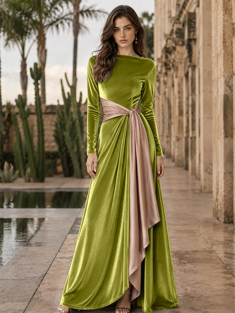 Velvet A-Line Round Neck Long Evening Dresses with Ruffles