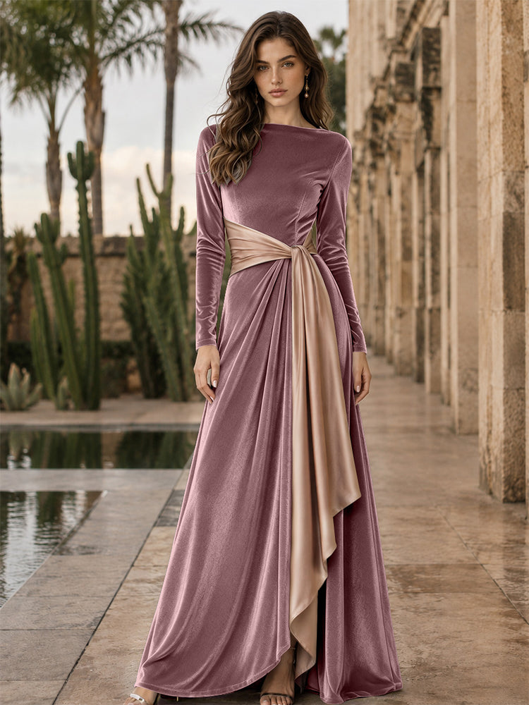 Velvet A-Line Round Neck Long Evening Dresses with Ruffles