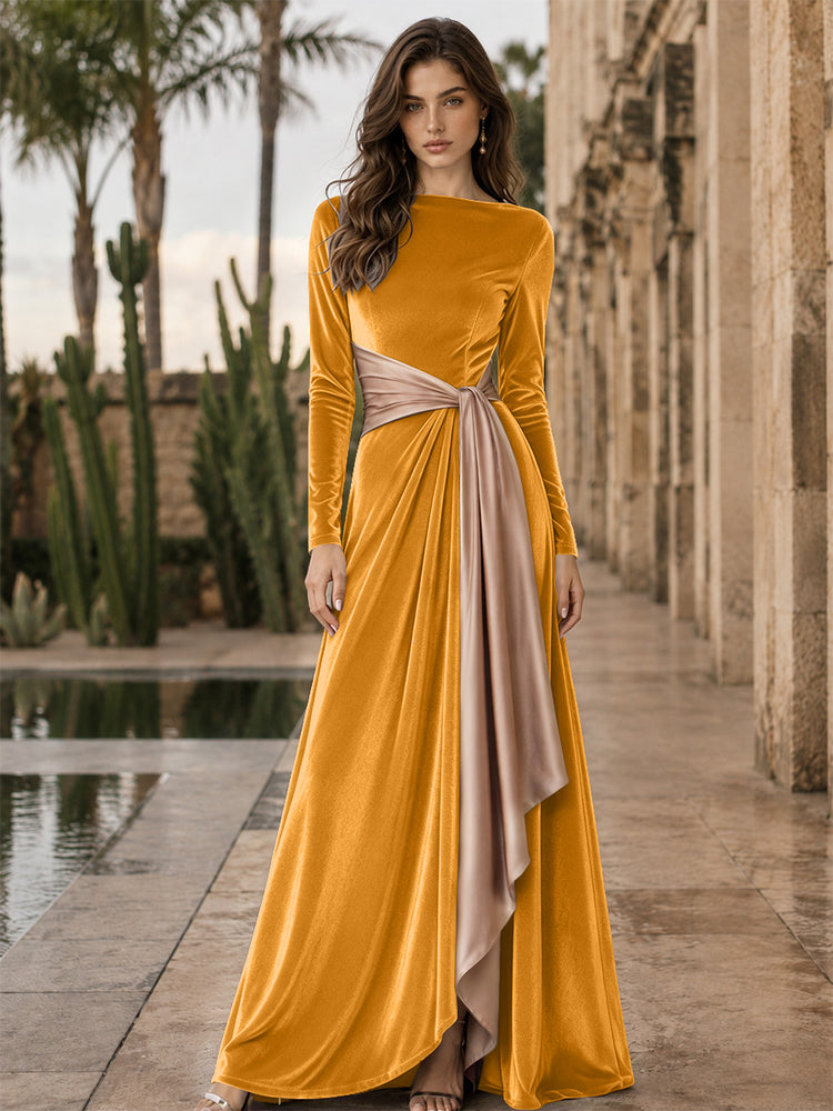 Velvet A-Line Round Neck Long Evening Dresses with Ruffles