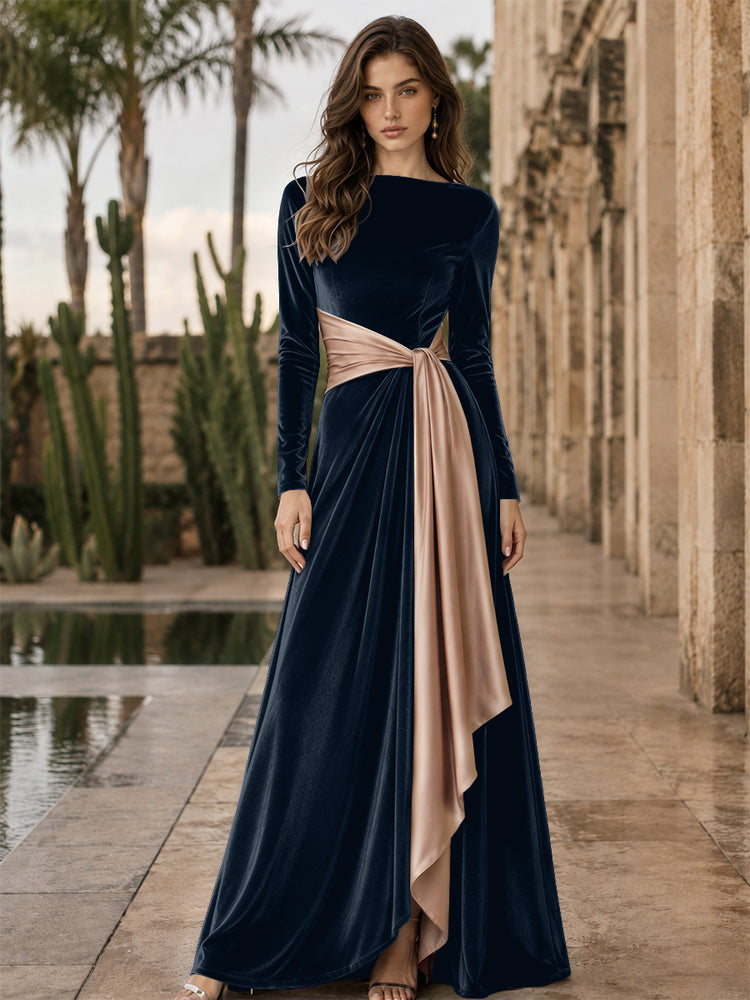 Velvet A-Line Round Neck Long Evening Dresses with Ruffles