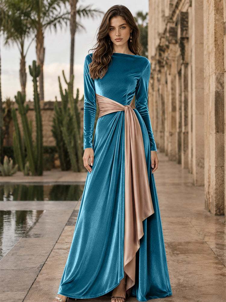 Velvet A-Line Round Neck Long Evening Dresses with Ruffles
