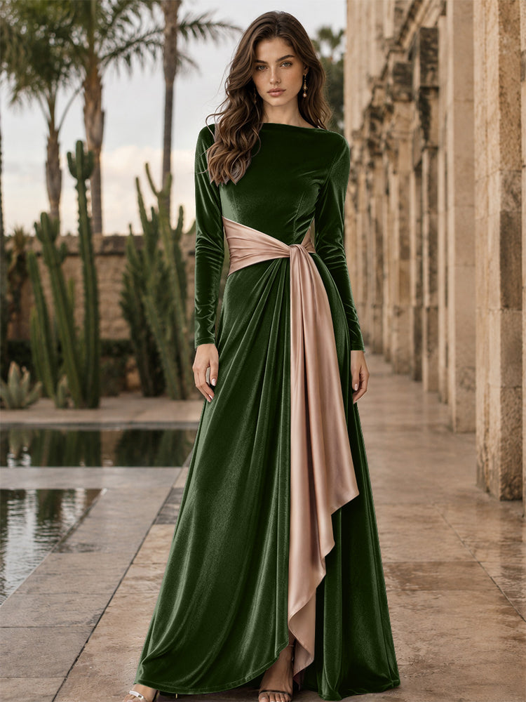Velvet A-Line Round Neck Long Evening Dresses with Ruffles