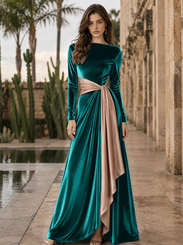 Velvet A-Line Round Neck Long Evening Dresses with Ruffles