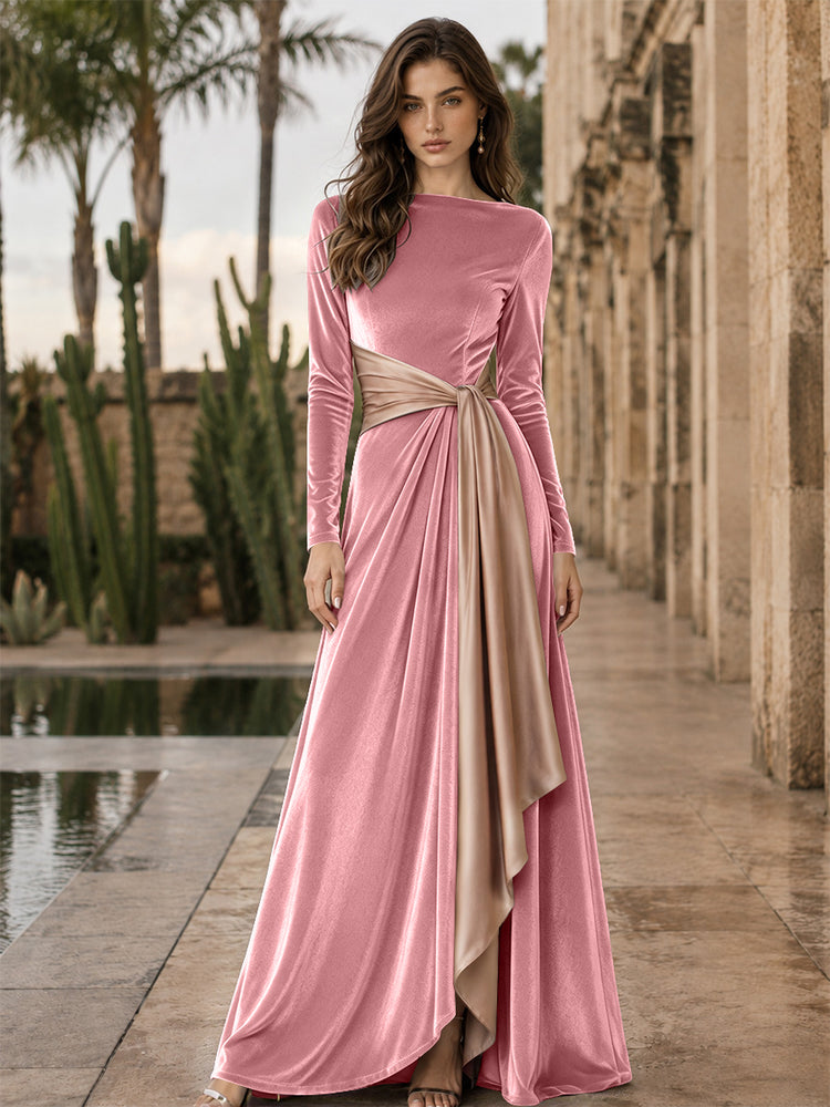 Velvet A-Line Round Neck Long Evening Dresses with Ruffles