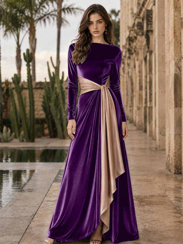 Velvet A-Line Round Neck Long Evening Dresses with Ruffles