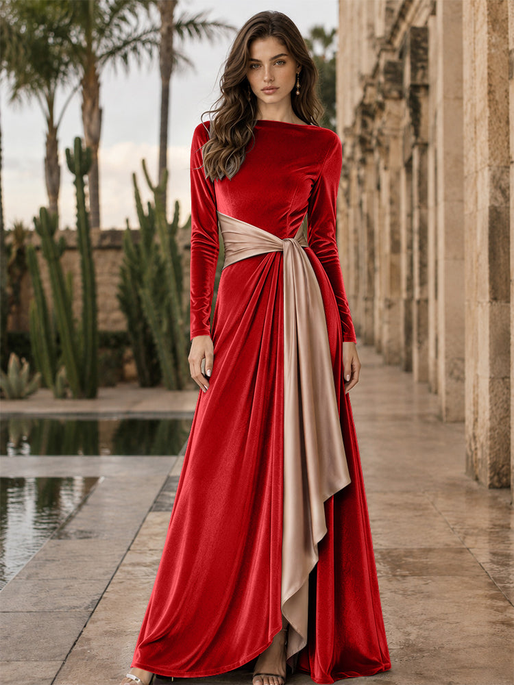 Velvet A-Line Round Neck Long Evening Dresses with Ruffles