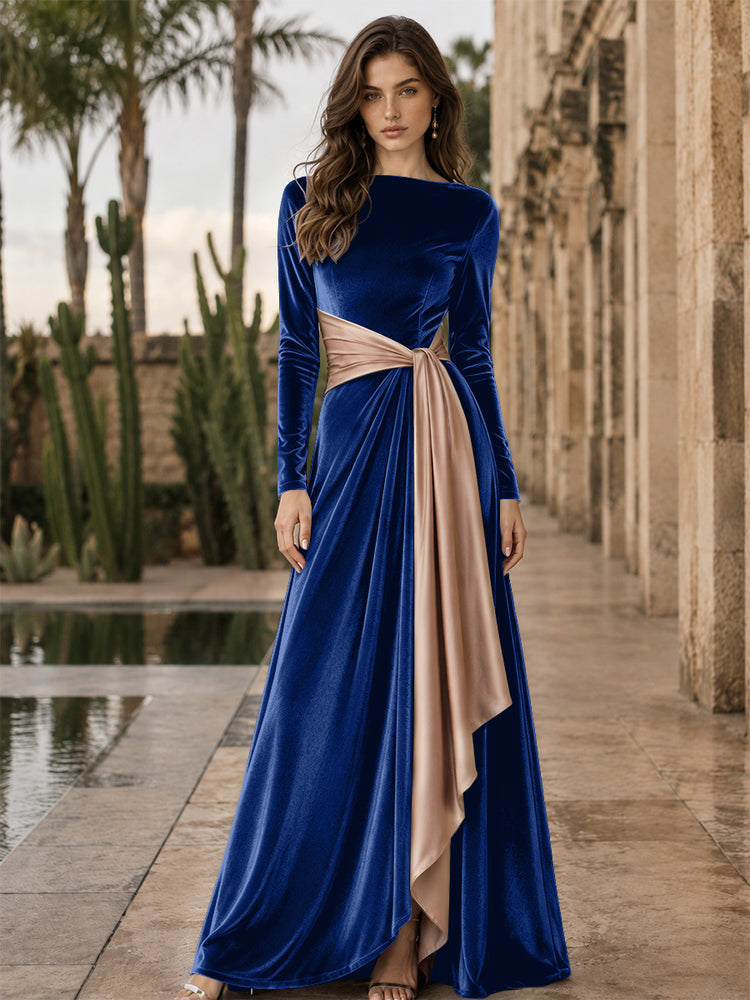 Velvet A-Line Round Neck Long Evening Dresses with Ruffles