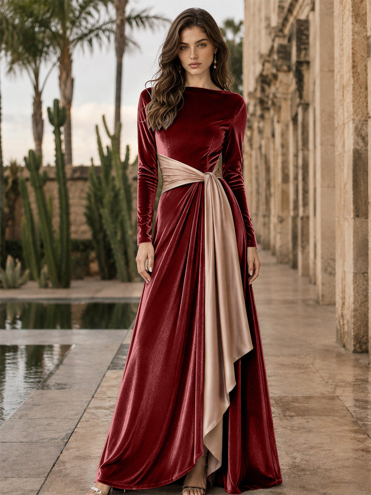 Velvet A-Line Round Neck Long Evening Dresses with Ruffles