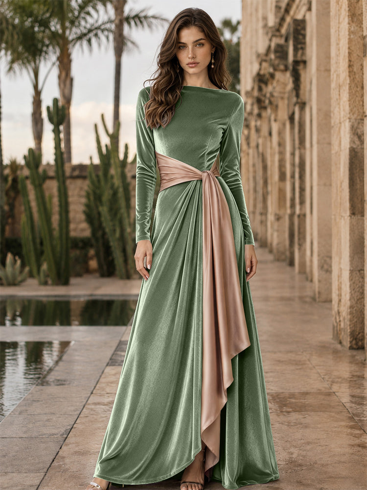 Velvet A-Line Round Neck Long Evening Dresses with Ruffles