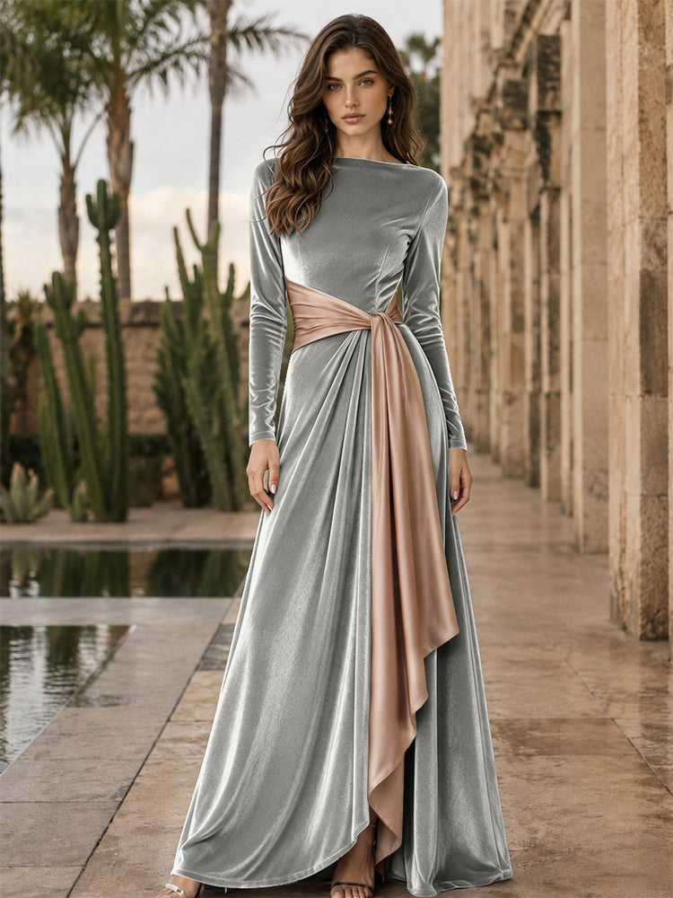 Velvet A-Line Round Neck Long Evening Dresses with Ruffles