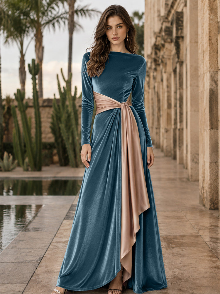 Velvet A-Line Round Neck Long Evening Dresses with Ruffles
