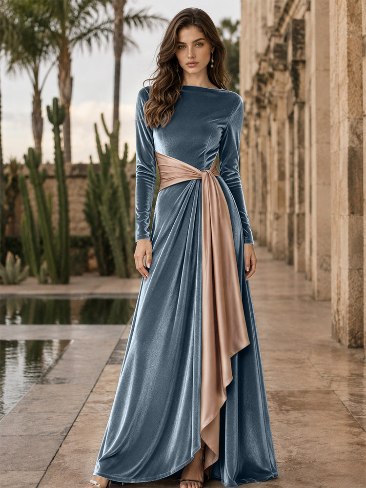 Velvet A-Line Round Neck Long Evening Dresses with Ruffles