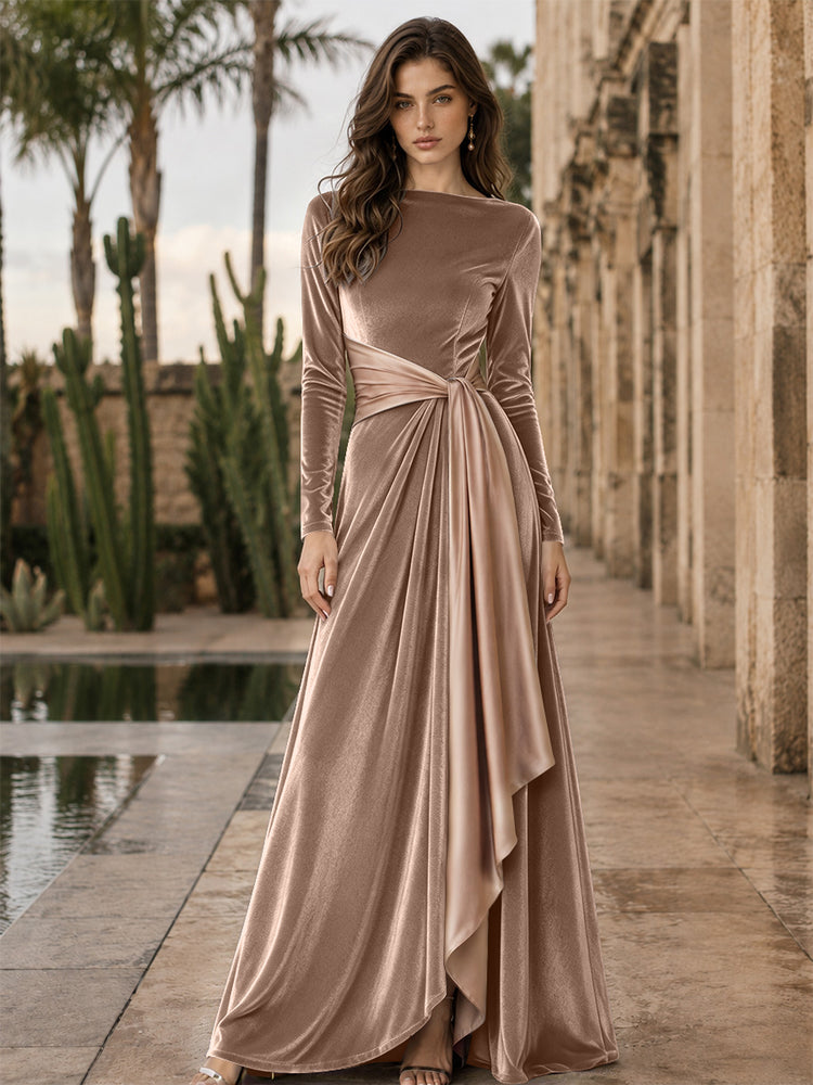 Velvet A-Line Round Neck Long Evening Dresses with Ruffles