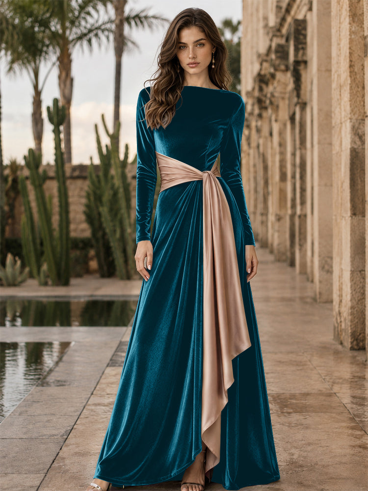 Velvet A-Line Round Neck Long Evening Dresses with Ruffles