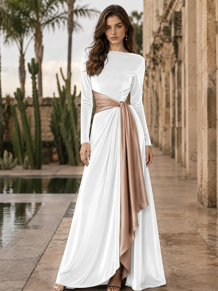 Velvet A-Line Round Neck Long Evening Dresses with Ruffles