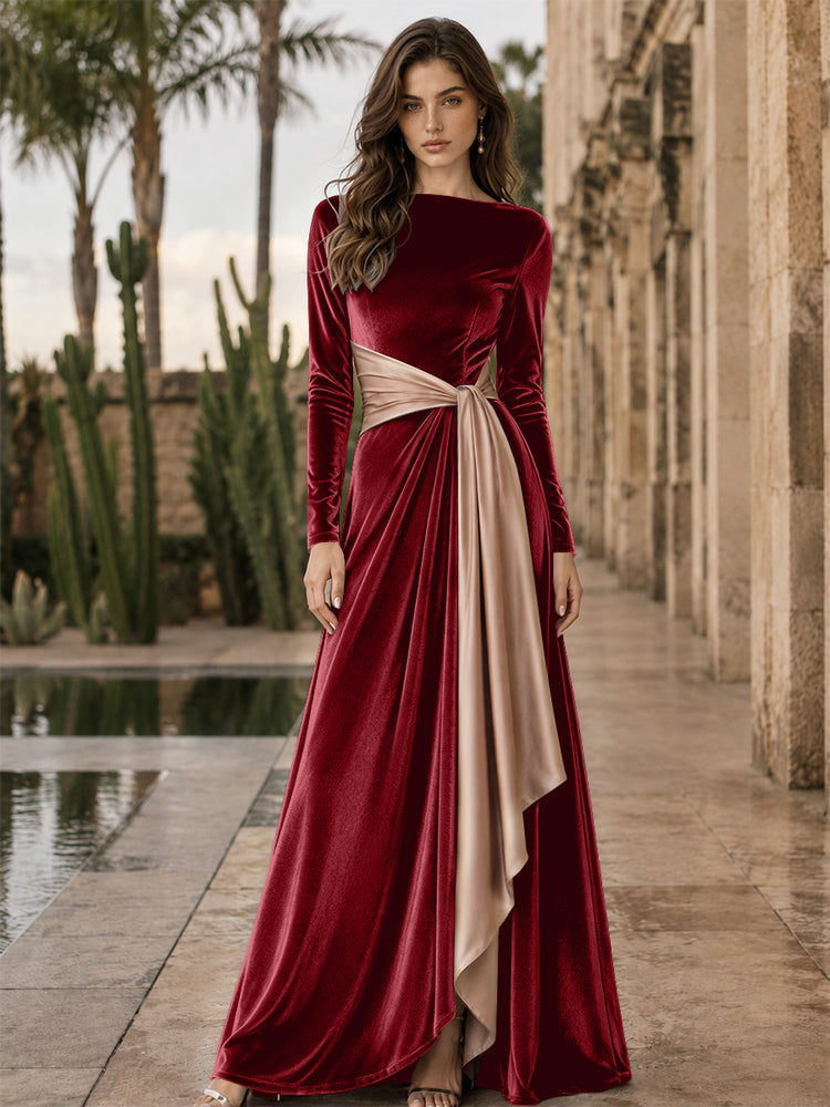 Velvet A-Line Round Neck Long Evening Dresses with Ruffles