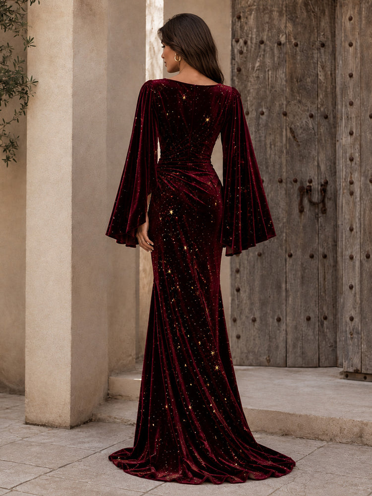 Velvet Mermaid V Neck Long Evening Dresses with Pleated