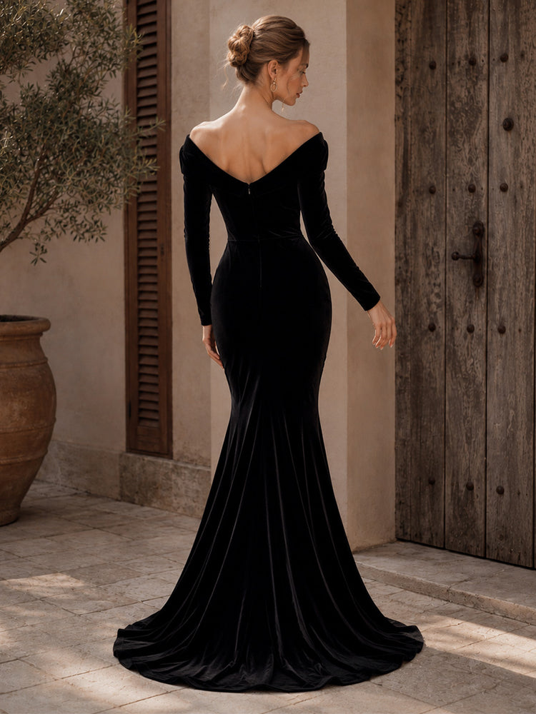 Velvet Mermaid Off the Shoulder Long Evening Dresses with Pleated