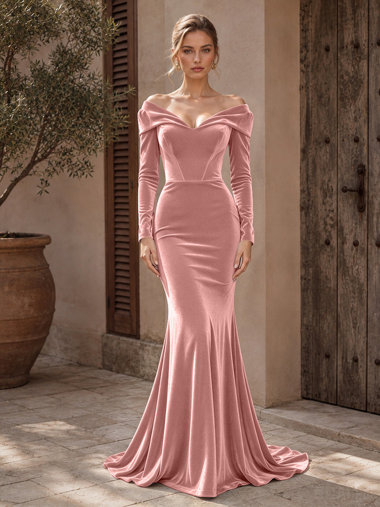 Velvet Mermaid Off the Shoulder Long Evening Dresses with Pleated