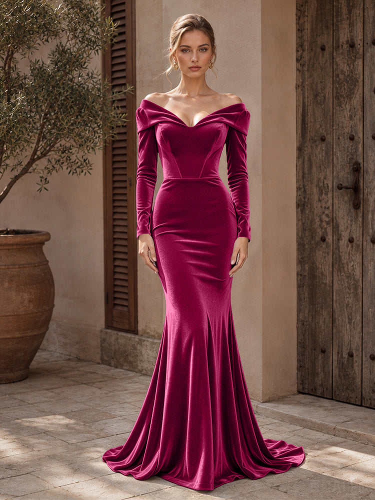 Velvet Mermaid Off the Shoulder Long Evening Dresses with Pleated