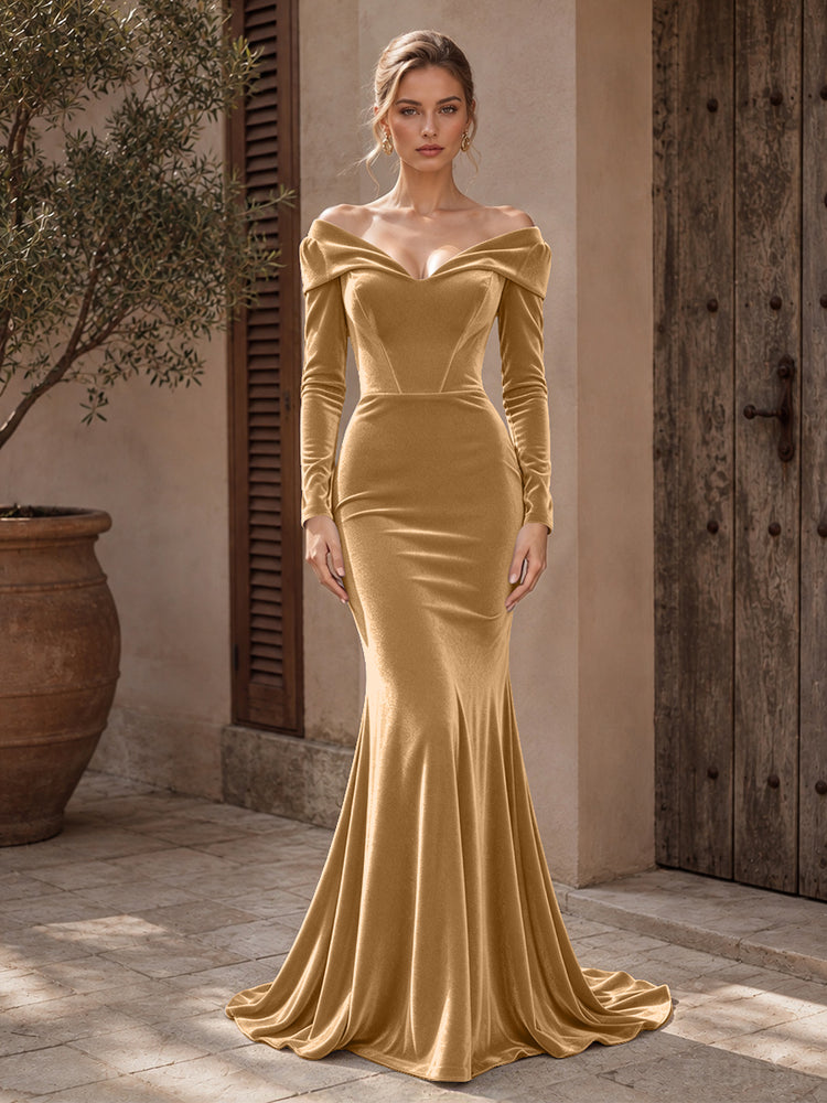 Velvet Mermaid Off the Shoulder Long Evening Dresses with Pleated