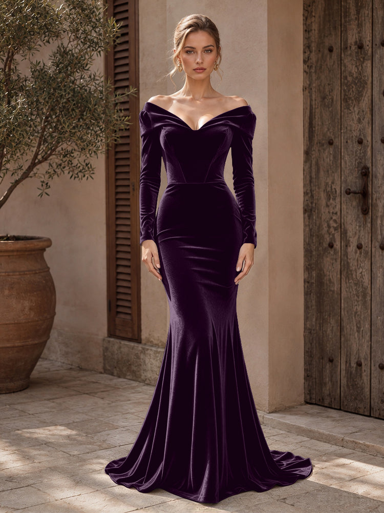 Velvet Mermaid Off the Shoulder Long Evening Dresses with Pleated