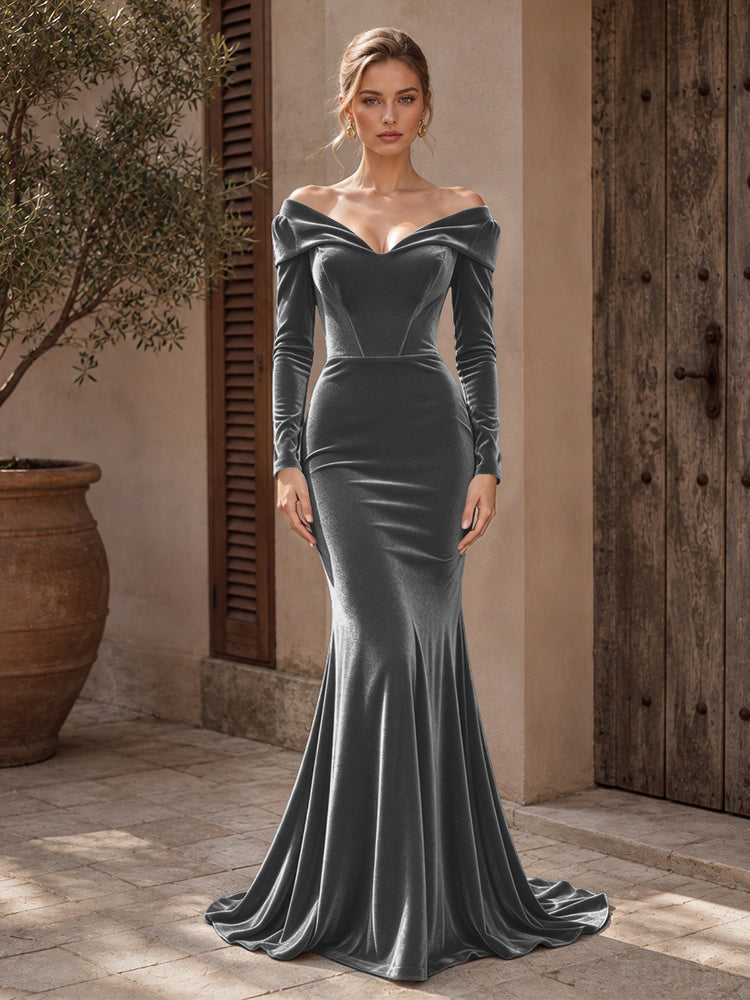 Velvet Mermaid Off the Shoulder Long Evening Dresses with Pleated