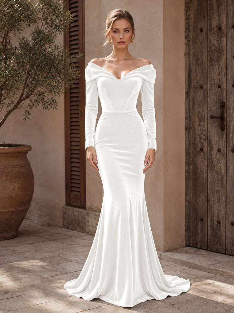 Velvet Mermaid Off the Shoulder Long Evening Dresses with Pleated