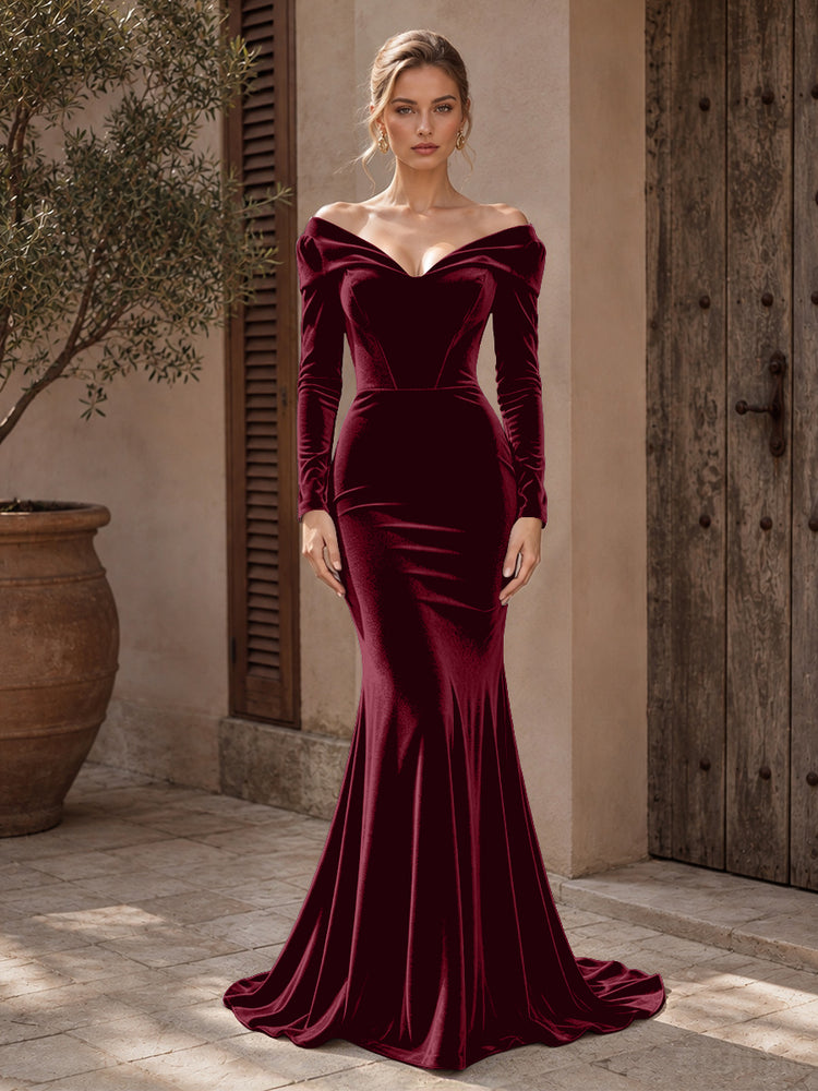 Velvet Mermaid Off the Shoulder Long Evening Dresses with Pleated