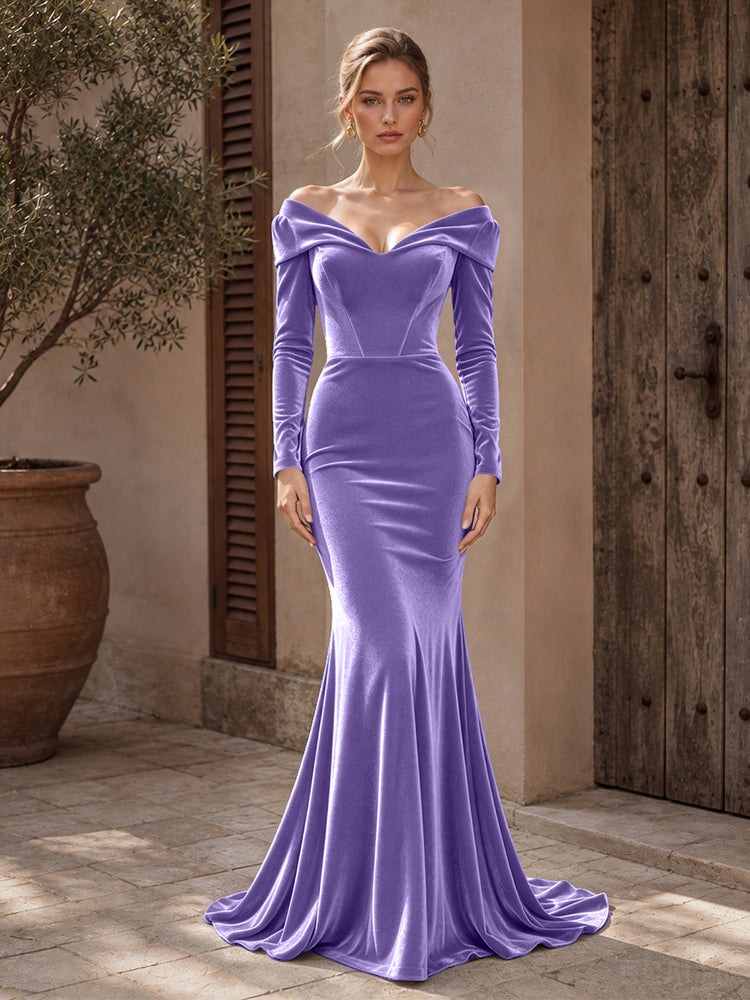 Velvet Mermaid Off the Shoulder Long Evening Dresses with Pleated