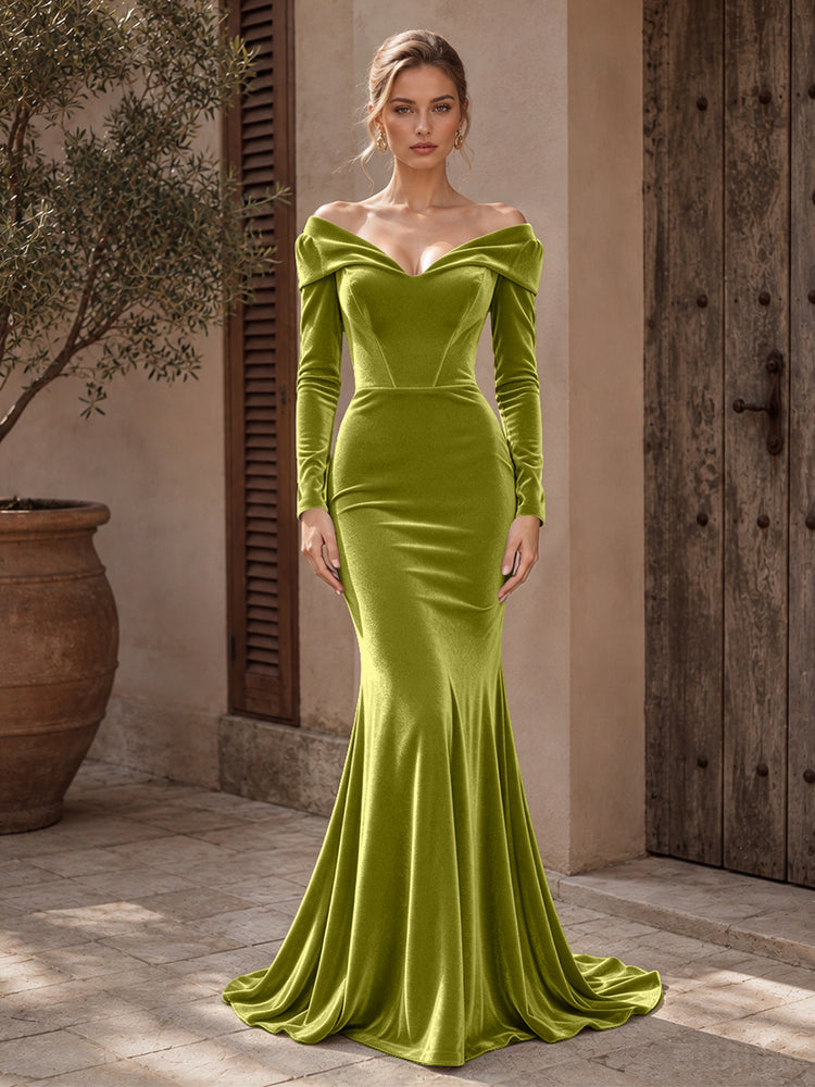 Velvet Mermaid Off the Shoulder Long Evening Dresses with Pleated