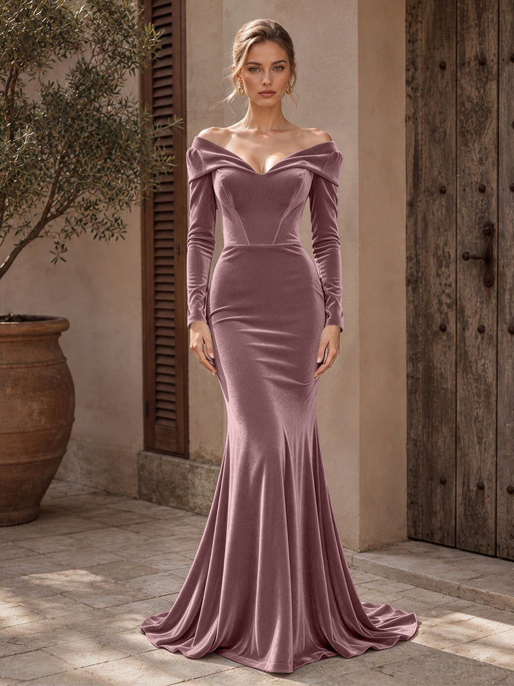Velvet Mermaid Off the Shoulder Long Evening Dresses with Pleated