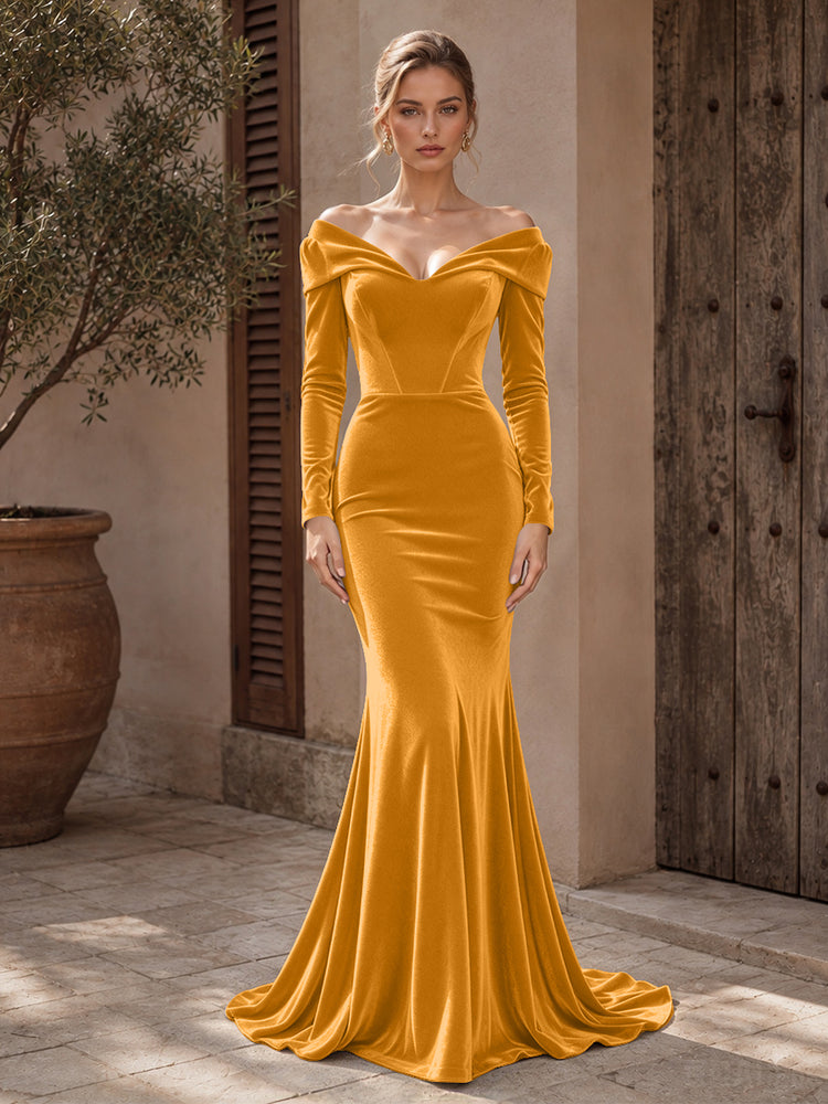 Velvet Mermaid Off the Shoulder Long Evening Dresses with Pleated