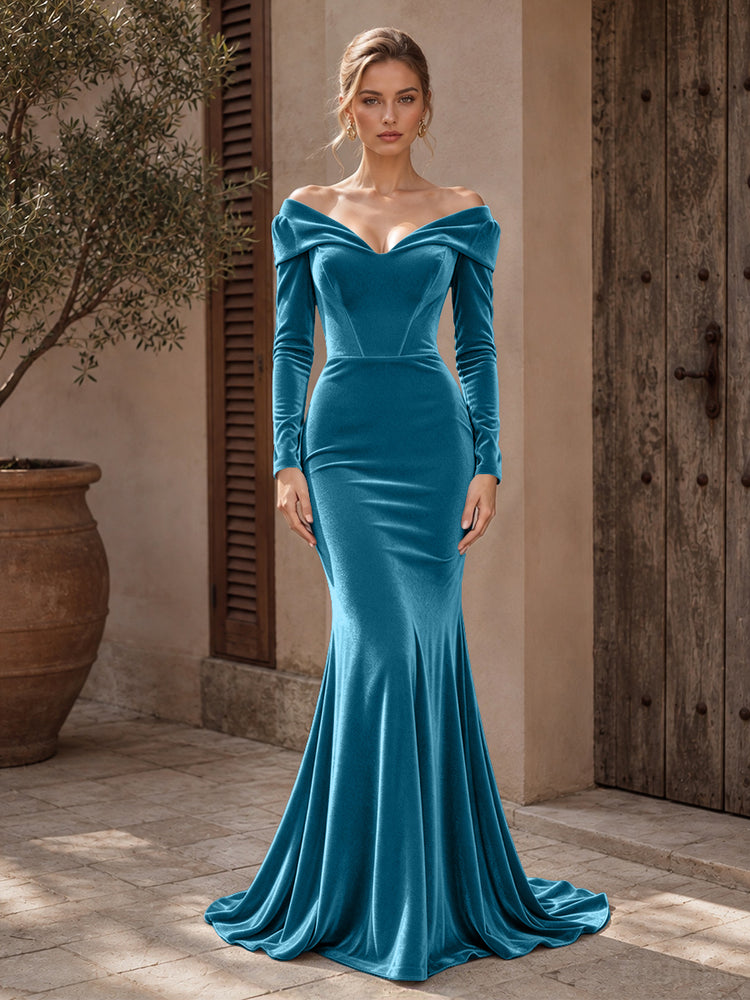 Velvet Mermaid Off the Shoulder Long Evening Dresses with Pleated