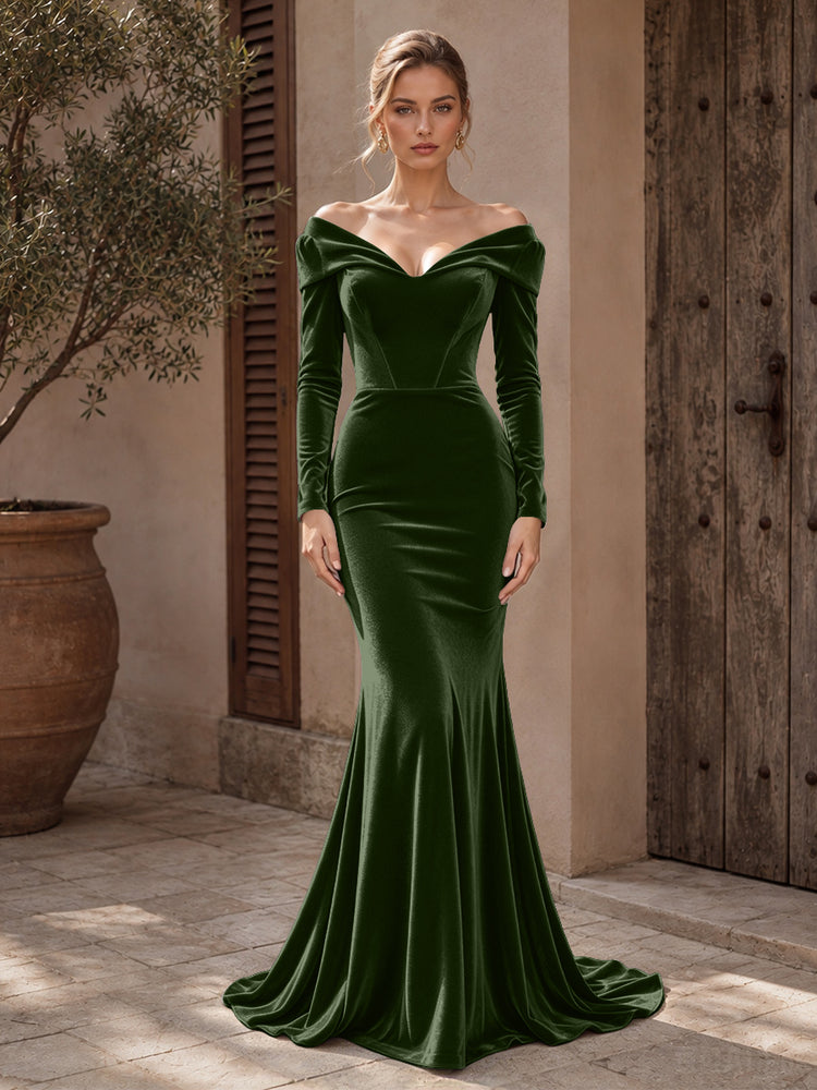 Velvet Mermaid Off the Shoulder Long Evening Dresses with Pleated