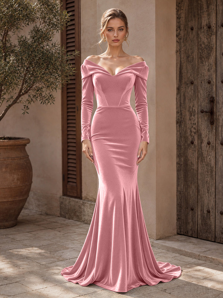 Velvet Mermaid Off the Shoulder Long Evening Dresses with Pleated