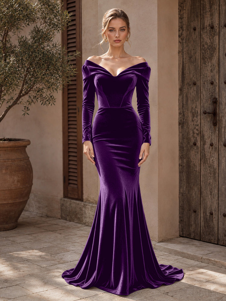Velvet Mermaid Off the Shoulder Long Evening Dresses with Pleated