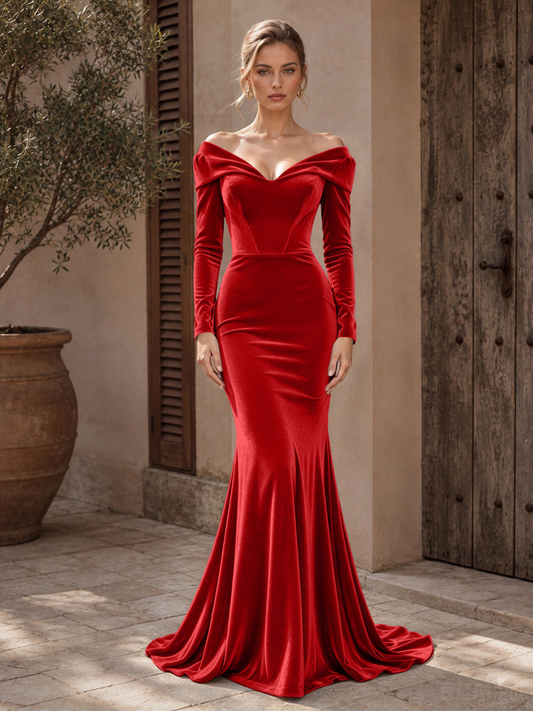 Velvet Mermaid Off the Shoulder Long Evening Dresses with Pleated
