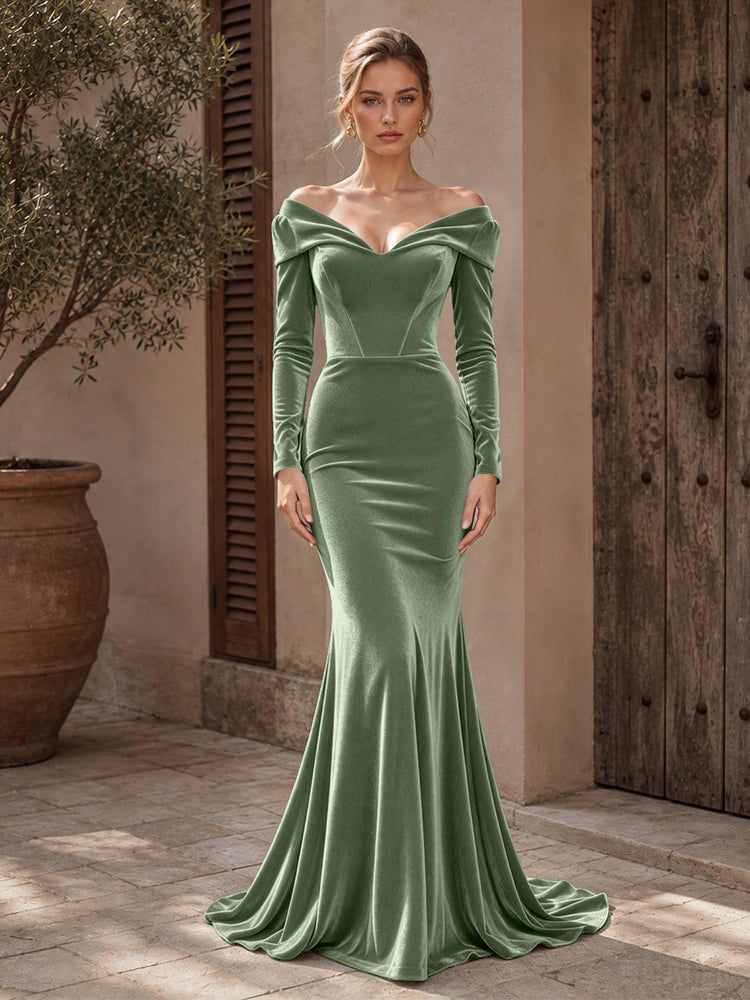 Velvet Mermaid Off the Shoulder Long Evening Dresses with Pleated