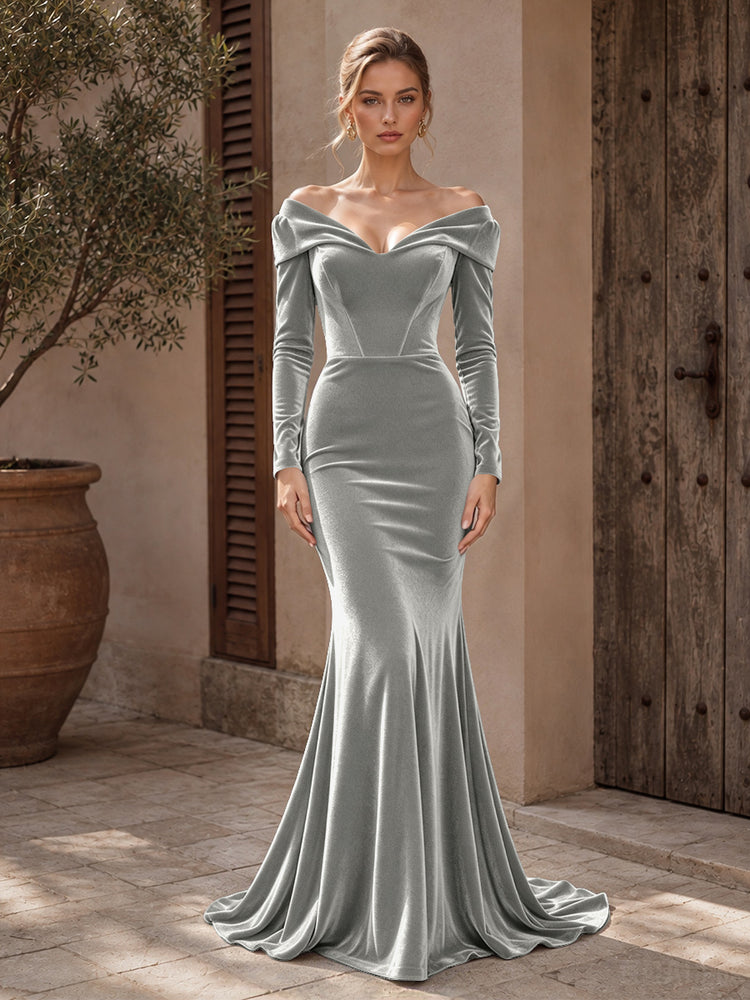 Velvet Mermaid Off the Shoulder Long Evening Dresses with Pleated