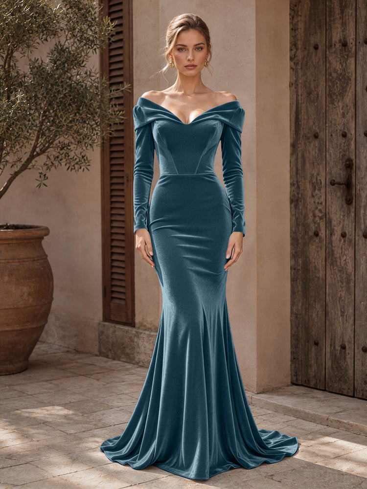 Velvet Mermaid Off the Shoulder Long Evening Dresses with Pleated