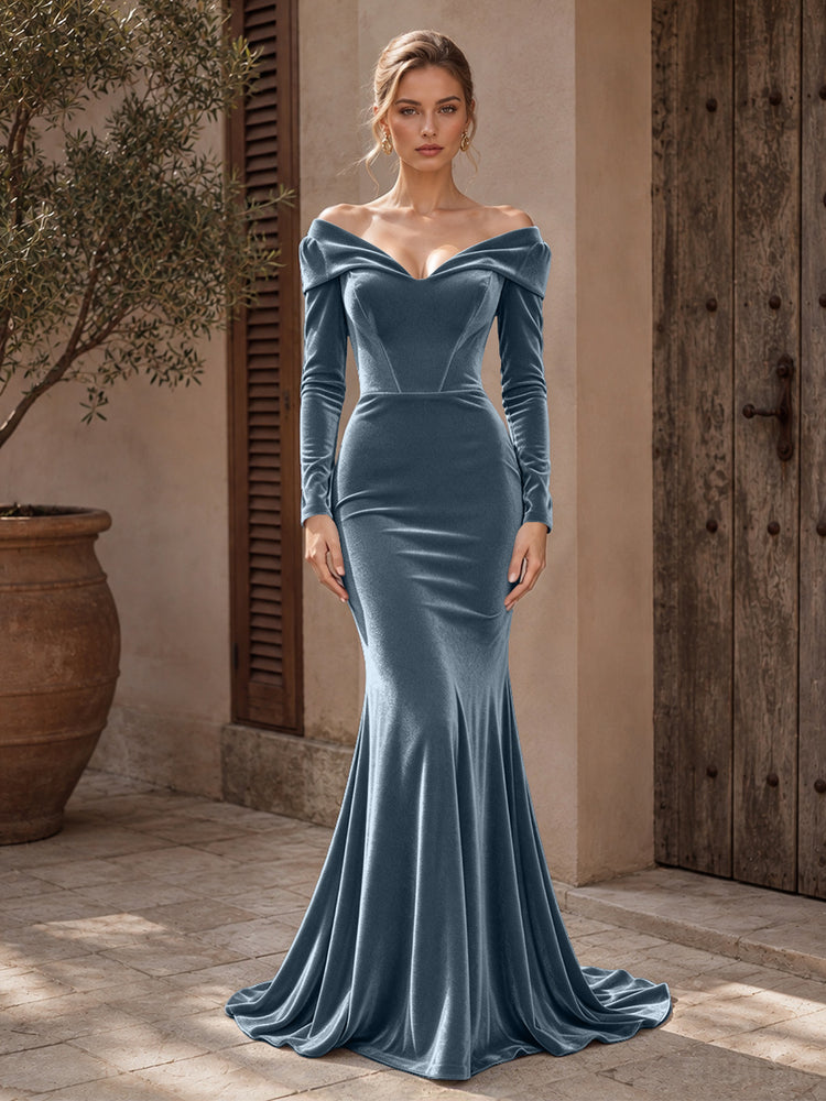 Velvet Mermaid Off the Shoulder Long Evening Dresses with Pleated