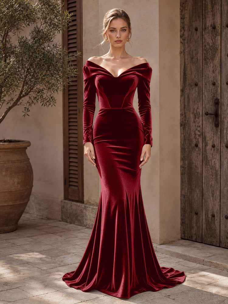 Velvet Mermaid Off the Shoulder Long Evening Dresses with Pleated