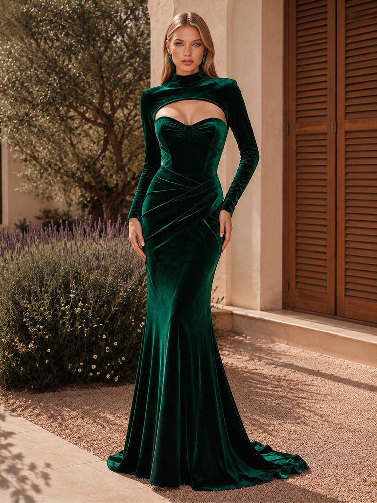 Velvet Mermaid High Neck Long Evening Dresses with Cutout