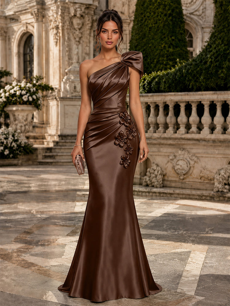 Satin Mermaid One Shoulder Long Evening Dresses with 3D Flowers