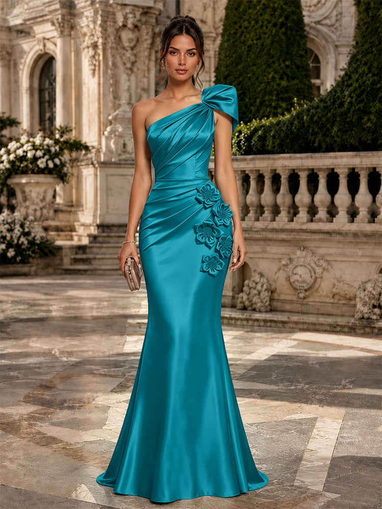 Satin Mermaid One Shoulder Long Evening Dresses with 3D Flowers