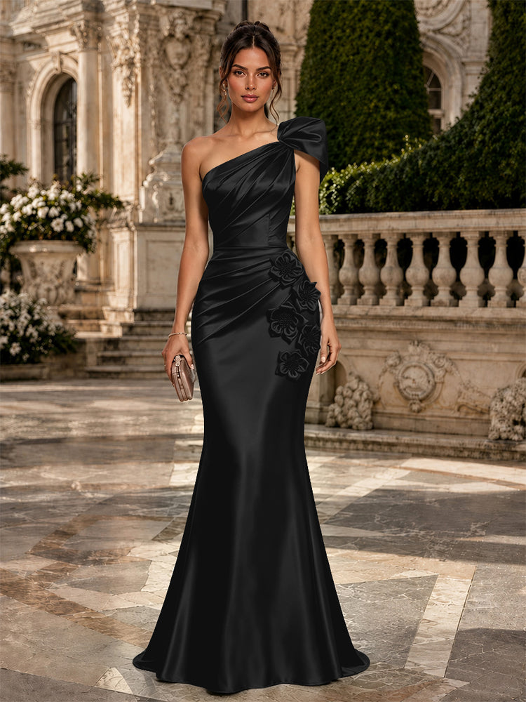 Satin Mermaid One Shoulder Long Evening Dresses with 3D Flowers