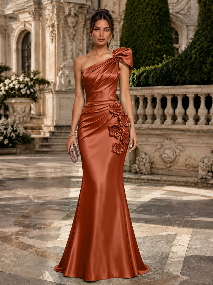 Satin Mermaid One Shoulder Long Evening Dresses with 3D Flowers