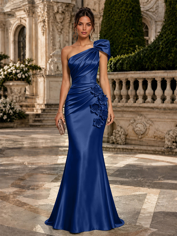 Satin Mermaid One Shoulder Long Evening Dresses with 3D Flowers