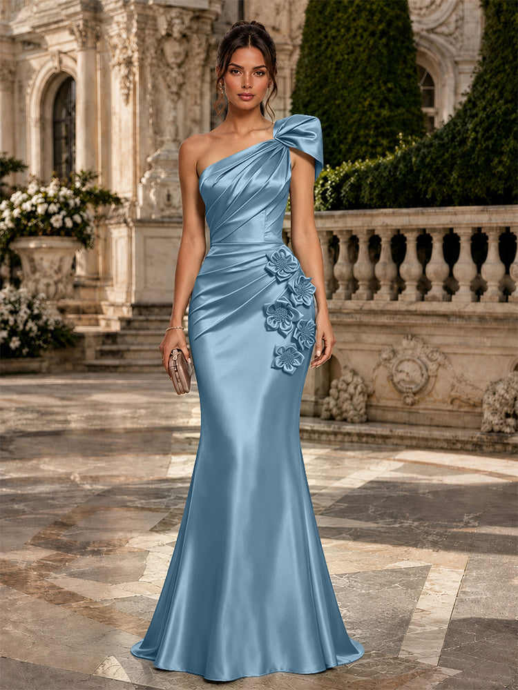 Satin Mermaid One Shoulder Long Evening Dresses with 3D Flowers